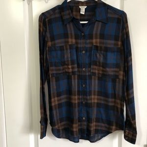 FORVER 21 BLUE/TAN/BLACK PLAID FLANNEL - SMALL